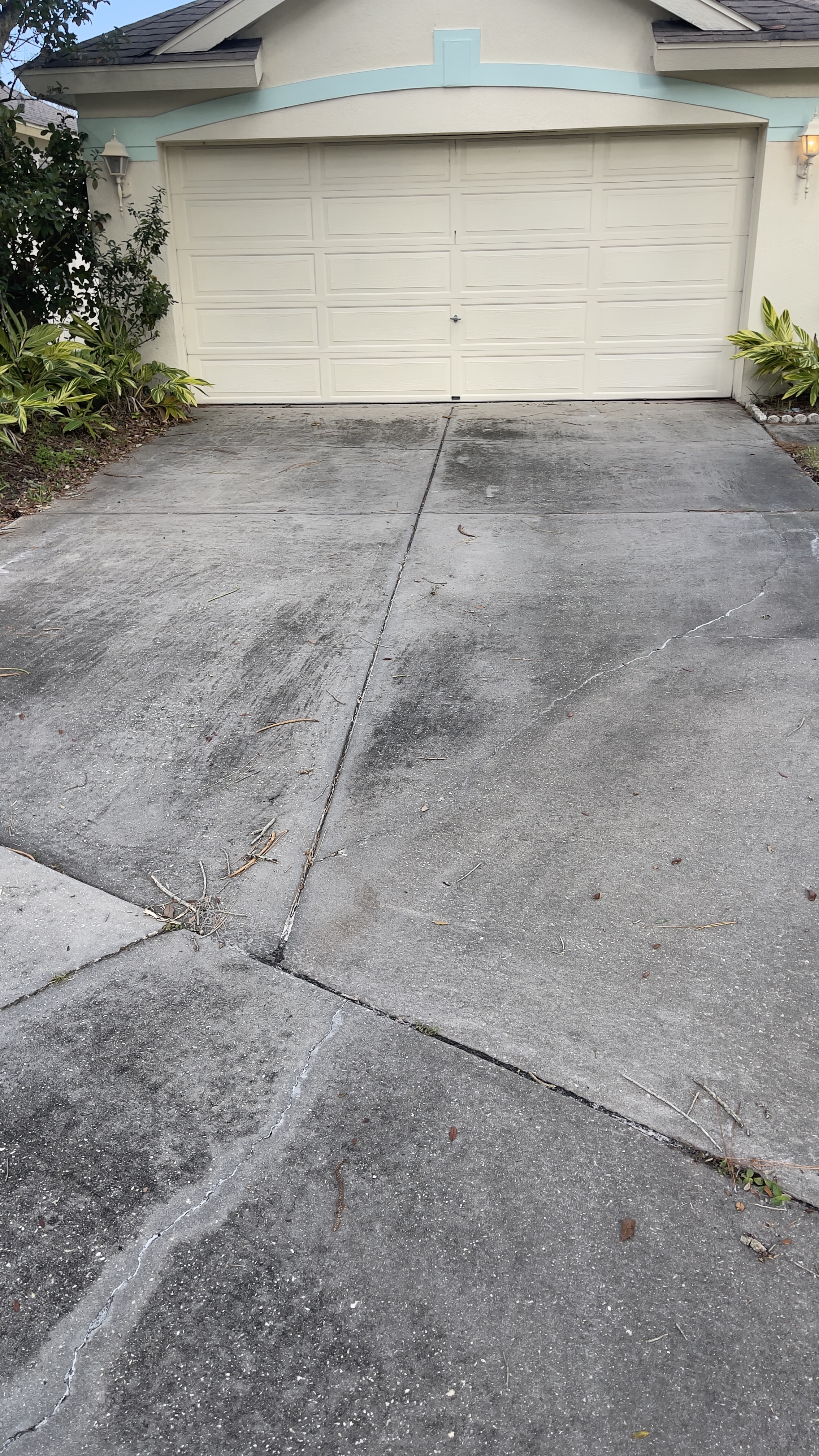 Before driveway cleaning in Tampa with surface buildup and darker weathering across the concrete