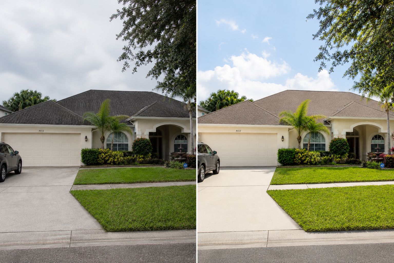 Roof soft washing before and after in Tampa showing a darker roof beside a cleaner roof